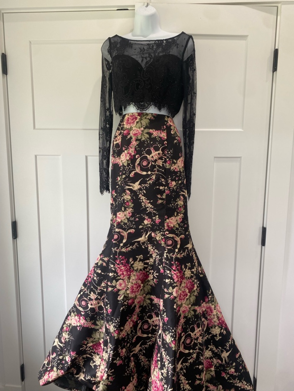 Sherri Hill two piece Black Floral Mermaid Prom Dress with Pink and Gold Accents